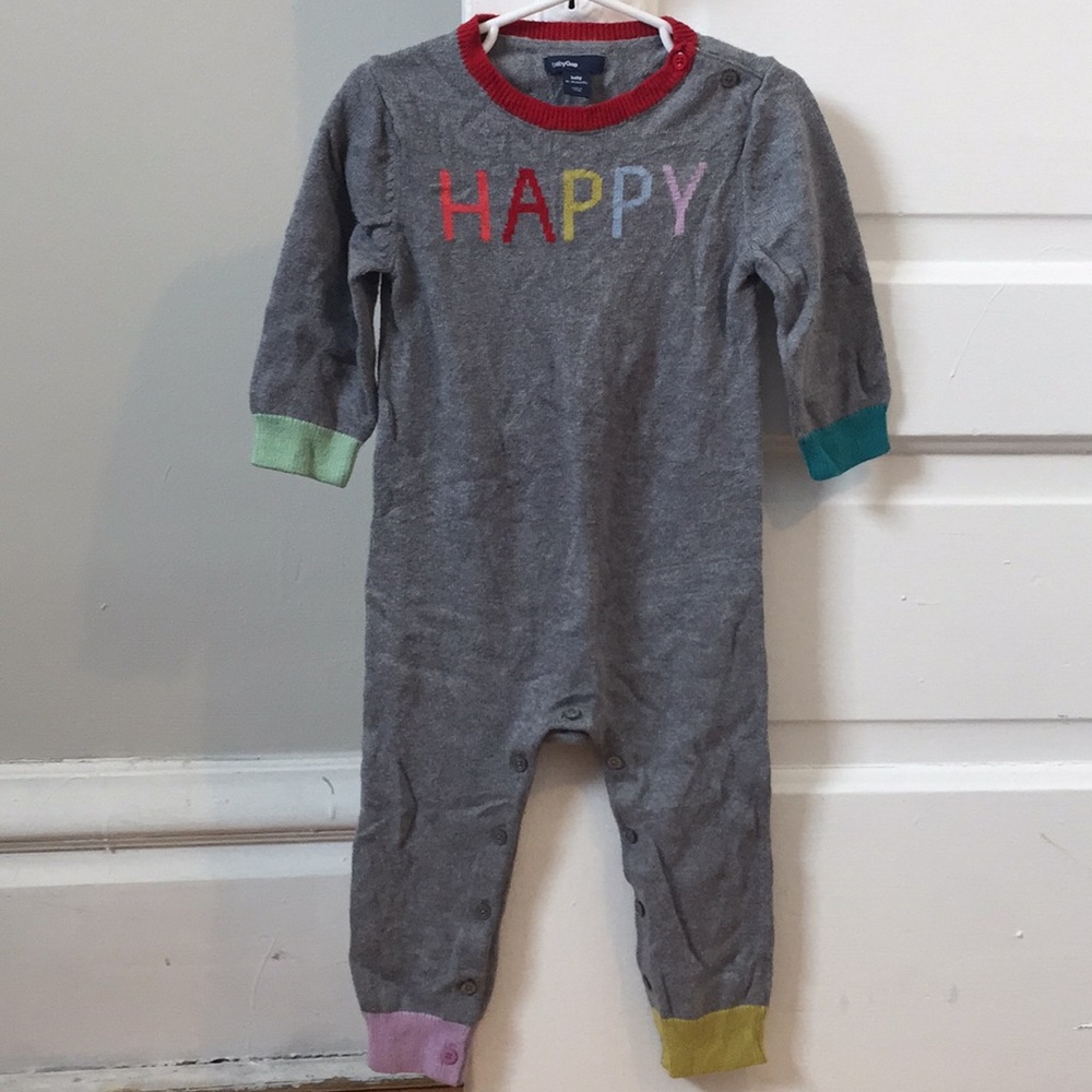 BabyGap grey "HAPPY" sweater romper